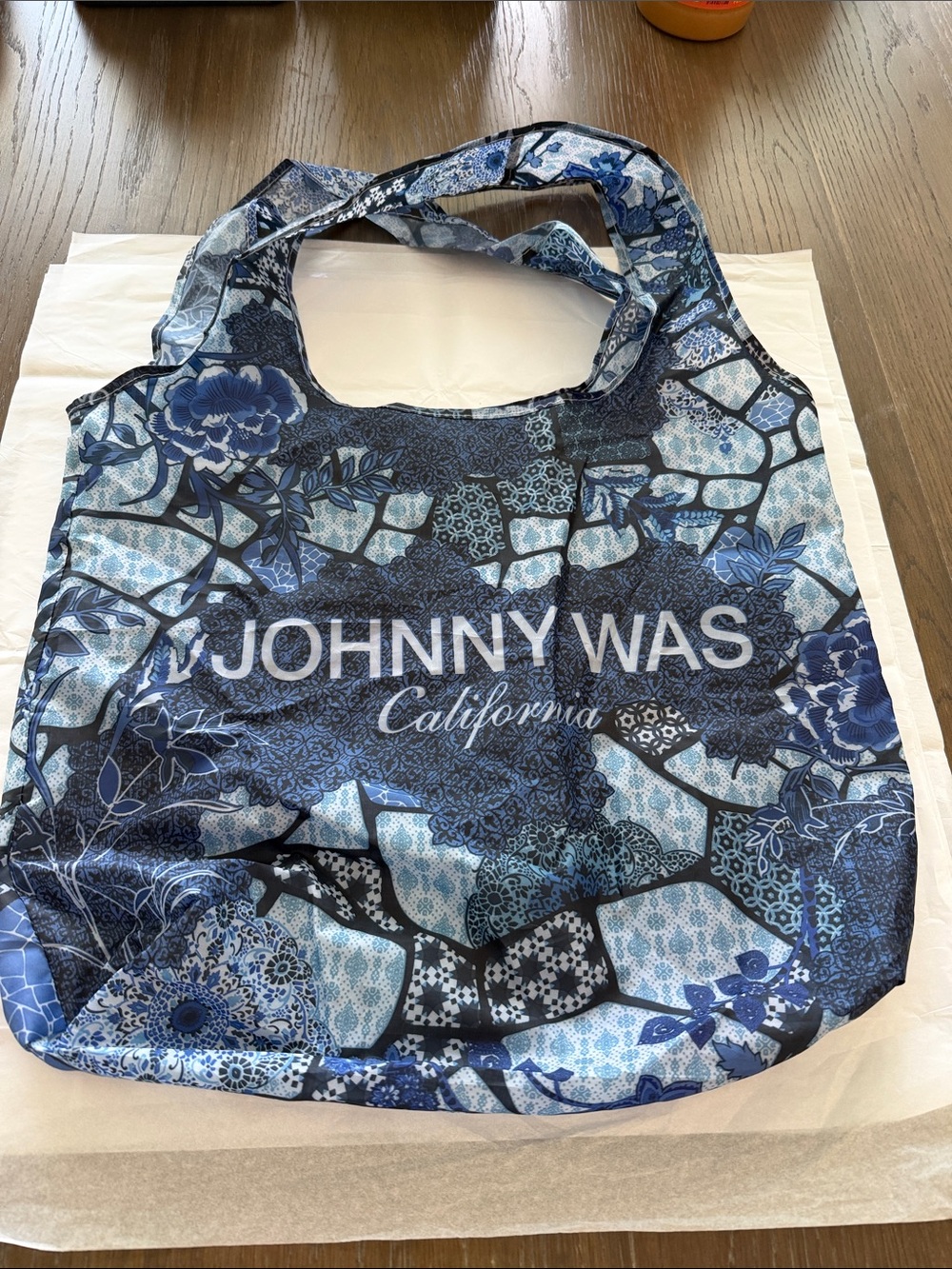 Johnny Was Blue Mosaic Floral Tote with Navy Accents